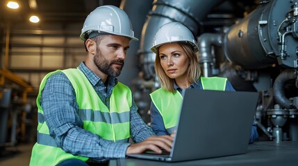 Poster - Two engineers a man and a woman wearing reflective vests and safety helmets sitting in front of a laptop in an industrial engine room setting with machinery and equipment in the background