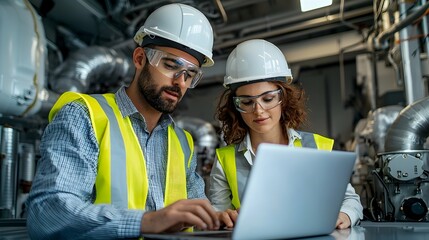 Aufkleber - Two male and female engineers wearing safety helmets and reflective vests working together on a laptop computer in an engine room setting with fair lighting