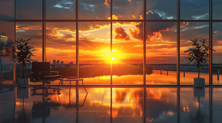 Poster - Sunset in an office, large windows, sixth floor.