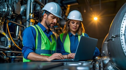 Poster - Two Engineers One Male and One Female Wearing Safety Helmets and Reflective Vests Working Together on a Laptop in an Engine Room Setting with Lighting That Conveys a Professional Tone