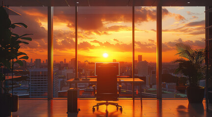 Poster - Sunset in an office, large windows, sixth floor.