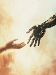 Poster - A human hand extends towards a robotic hand, representing the merging of human and artificial intelligence in a hopeful moment. Generative AI