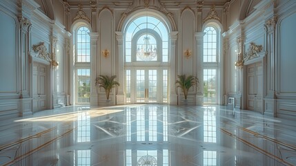 Wall Mural - Entrance hall of a luxurious mansion, a luxurious villa with large windows and arched doors. with multiple ceiling lights.