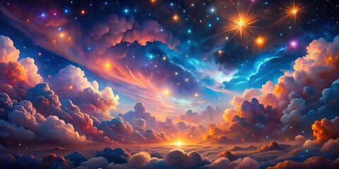 Wall Mural - a celestial tapestry of vibrant hues, where golden stars gleam against a canvas of cloud formations 