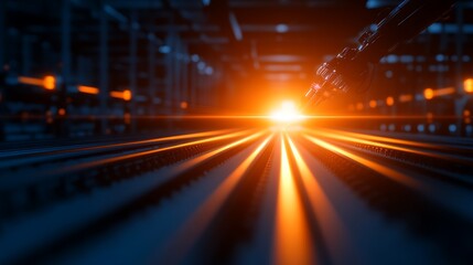 Leinwandbilder - A captivating scene featuring glowing light stretching along metallic tracks, evoking a sense of technology and industrial innovation.