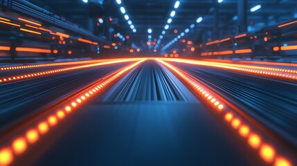 Fototapete - A dynamic scene featuring illuminated lines suggesting motion and technology, with glowing orange and blue elements creating a futuristic atmosphere.