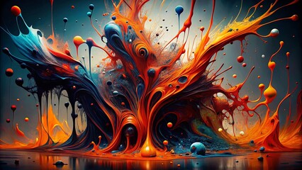 Wall Mural - A vibrant abstract painting of swirling, splashing paint in shades of orange, blue and yellow, with a reflective surface below.