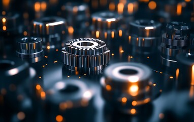 Leinwandbilder - A close-up view of intricate metallic gears and machinery, set against a dark background with glowing highlights, showcasing engineering detail and craftsmanship.
