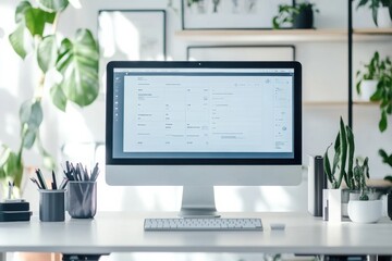 Leinwandbilder - A smart office has an adjustable desk, computer, plants, and lots of natural light for a refreshing vibe. Generative AI