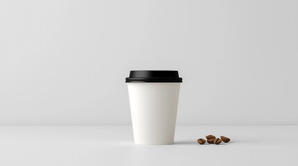 Fototapete - Minimalist white paper coffee cup with a black lid isolated on a pure white background perfect for branding and product packaging mockups advertising and commercial photography