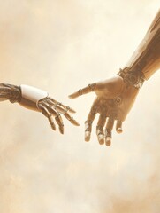 Poster - A human hand and a robotic hand extend towards each other, symbolizing the connection between humanity and advanced technology in a serene setting. Generative AI
