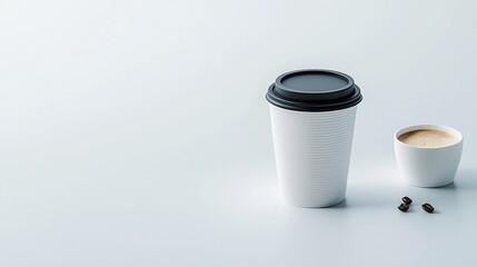 Fototapete - Minimalist white paper coffee cup with a black lid resting on a pure white background capturing a clean and contemporary style perfect for branding product design and marketing presentations