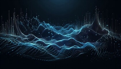 Wall Mural - Image of horizontal lines of blue particles and undulating 3d landscape on black background. Communication technology, abstract digital interface background concept digitally generated image.