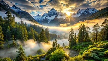 Sticker - Golden Sunlight Illuminates a Valley Filled With Fog and Lush Evergreen Trees, Providing a Tranquil and Serene Landscape