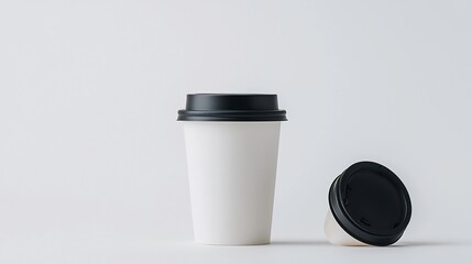 Fototapete - Closeup of a simple minimalist paper coffee cup with a black lid showcasing a clean and versatile design against a white background