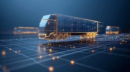 Aufkleber - Futuristic semi trailer truck composed of luminous lines and points delivering goods worldwide at night floating over a network grid on a deep blue background with the power of generative AI