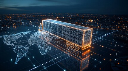 Aufkleber - Abstract digital art depicting an illuminated semi trailer truck made from glowing lines and points driving at night above a global network grid on a dark blue background