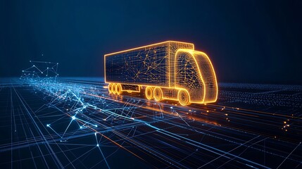 Aufkleber - Abstract digital art depicting an illuminated semi trailer truck made from glowing lines and points driving at night above a global network grid on a dark blue background
