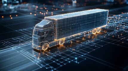 Aufkleber - Digital depiction of a semi trailer truck made from glowing lines and points driving across a dark blue network grid showcasing the future of global logistics powered by generative technology