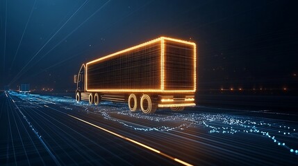 Aufkleber - Glowing semi trailer truck made of illuminated light lines driving across a global grid network at night symbolizing the connectivity and automation of modern trade and logistics