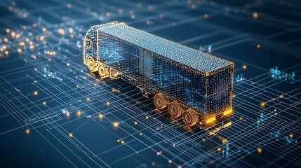 Fototapete - Digital Representation of an Illuminated Semi Trailer Truck Made of Luminous Points Floating Over a Connected Network Grid on a Deep Blue Background