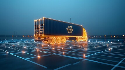 Fototapete - Visually striking abstract art depicting a glowing semi trailer truck navigating a futuristic digital network grid representing the power of technology and in transforming global logistics and trade