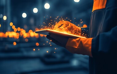 Aufkleber - A glowing tablet in a worker's hands, surrounded by sparks, captures a blend of technology and industrial setting.