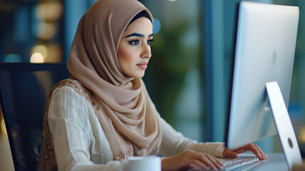 Wall Mural - Young Arabian businesswoman in a beige hijab