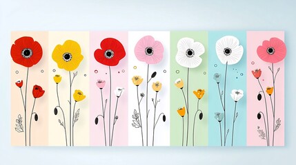 Aufkleber - Stylized Floral in Bright Contrasting Pop Art Colors with Playful Graphic Poppy Flower Designs