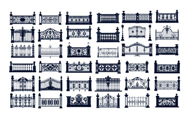 Wall Mural - fences black silhouettes vector set. metal gates steel decorative rods barriers floral motifs classi