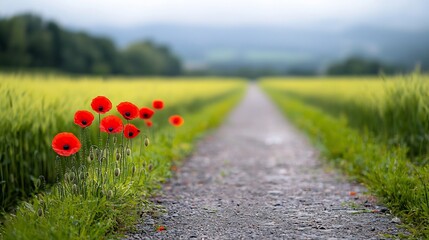Aufkleber - Vibrant red poppies lining a tranquil path winding through a serene pastoral field representing the beauty of nature and the memory of war victims