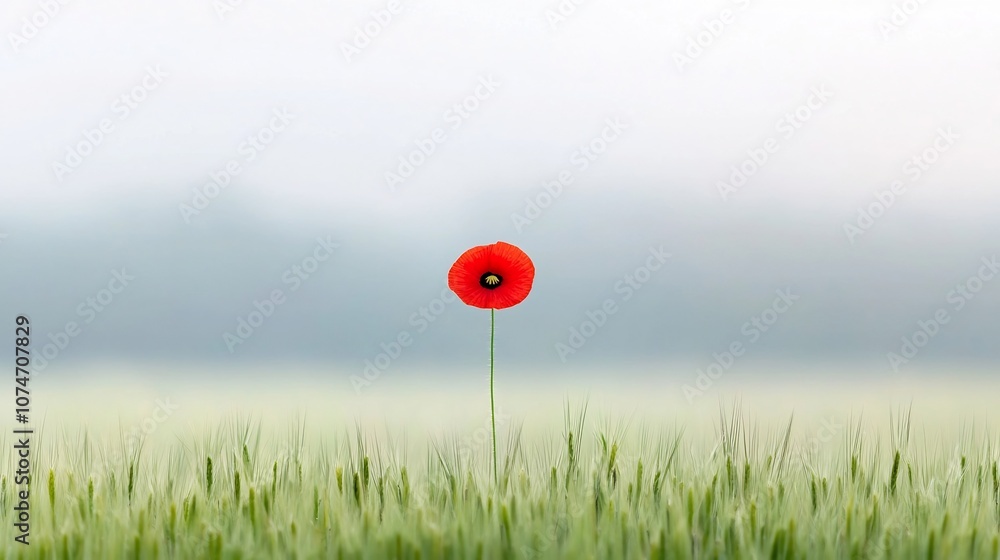 A single vibrant red poppy standing alone in a peaceful field ...