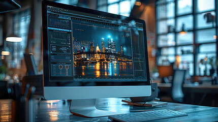 Poster - Website design about engineering bridges, seen in computer screen in futuristic office.
