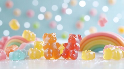 Aufkleber - Close up of brightly colored gummy bears capturing the intricate details and glossy surface with a stunning bokeh background that creates a visually captivating and alluring image