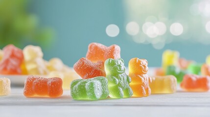 Poster - Closeup macro shot of gummy bears with rich vivid colors and a glossy appetizing texture  The bokeh effect in the background adds depth and a beautiful blur to the scene creating a tempting