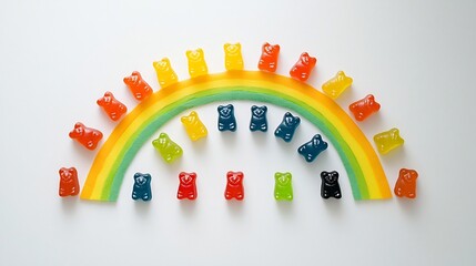 Poster - A vibrant rainbow arc of various colored gummy bears creatively arranged in a cheerful geometric pattern against a clean white background  This minimalist