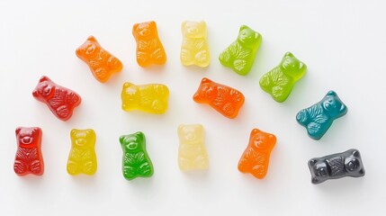 Aufkleber - Playful and Vibrant Rainbow Colored Gummy Bear Candy Arrangement Creatively Displayed on a White Background