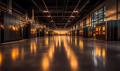Poster - A spacious interior featuring sleek surfaces and warm lighting, creating an inviting atmosphere with reflections on a polished floor.