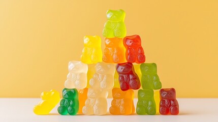 Fototapete - Striking 3D Pyramid Formed by Stacked Gummy Bear Candies in Bright Inviting Colors and Textures