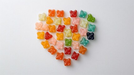 Poster - Colorful and Attractive Heart Shaped Pattern Created by Arranged Gummy Bears on a Plain Background  Delicious Candy Snack with Soft Chewy Texture