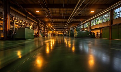 Poster - A spacious industrial environment with polished floors, warm lighting, and machinery in the background, creating a modern, productive atmosphere.