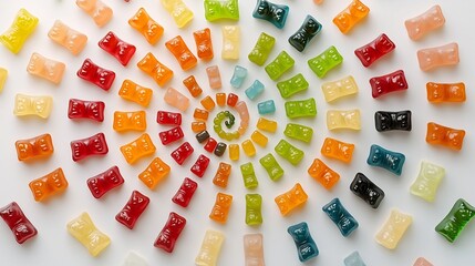 Poster - Vibrant swirl of colorful gummy bears arranged in a captivating spiral pattern creating a playful and appetizing abstract composition