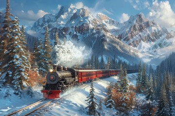 Canvas Print - Old steam train snow locomotive landscape.