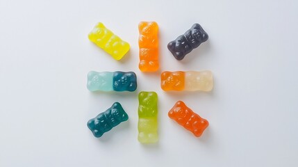 Poster - Vibrant and Symmetrical Composition of Gummy Bears Arranged in a Cross Shape on a Plain Background Highlighting the Variety of Colors and Textures of the Candy