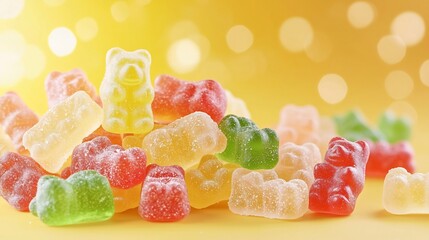 Aufkleber - A pile of colorful gummy bears on a vibrant radiant yellow background with glowing shimmering bokeh effects creating a deliciously tempting and captivating still life composition