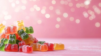 Poster - Mouthwatering display of colorful gummy bears against a bright pink background with a soft dreamy bokeh lighting effect adding an appetizing and playful touch to the image