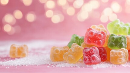 Poster - Closeup of vibrant colorful gummy bears on a bright pink background with soft blurred bokeh lights creating a visually appetizing and tempting look for a sweet snack or dessert concept