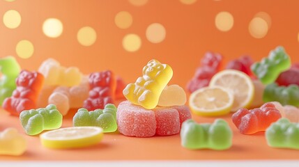 Poster - Brightly Colored Gummy Bears Arranged on a Vivid Neon Orange Background with a Beautiful Bokeh Effect Creating a Fun and Appetizing Scene that Invites the Viewer to Indulge in the Sugary Confection