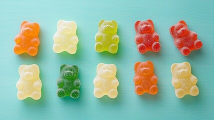 Poster - Vibrant and colorful gummy bears arranged on a bold turquoise background with subtle bokeh showcasing their playful and tempting appearance