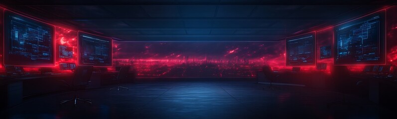 Leinwandbilder - A futuristic, cyber-themed interior featuring glowing screens and vibrant red and blue lighting effects.